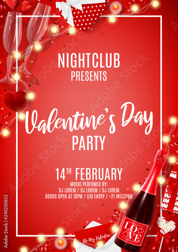 Happy Valentine's Day party flyer. Vector illustration with top view on realistic bottle of champagne, gift boxes, glasses of champagne, red serpentine and confetti. Invitation to nightclub.