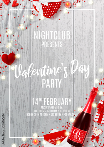 Party poster for Happy Valentine's Day. Vector illustration with top view on realistic bottle of champagne, gift boxes, red serpentine and confetti on wooden texture. Invitation to nightclub.