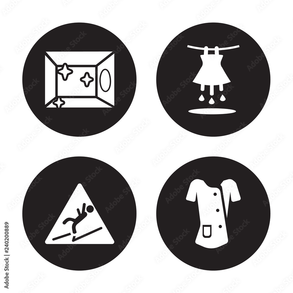 4 vector icon set : Clean Room, Slippery, Soak, Cleaner Uniform isolated on black background 4 vector icon set : Clean Room, Slippery, Soak, Cleaner Uniform isolated on black background