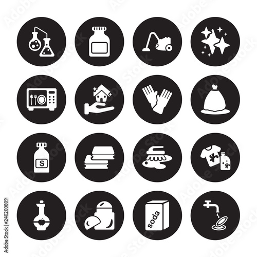 16 vector icon set : Chemical Reaction, baking soda, deodorizer, vinegar, stain remover, Washing dishes, sterilization, Solvent, sanitize isolated on black background