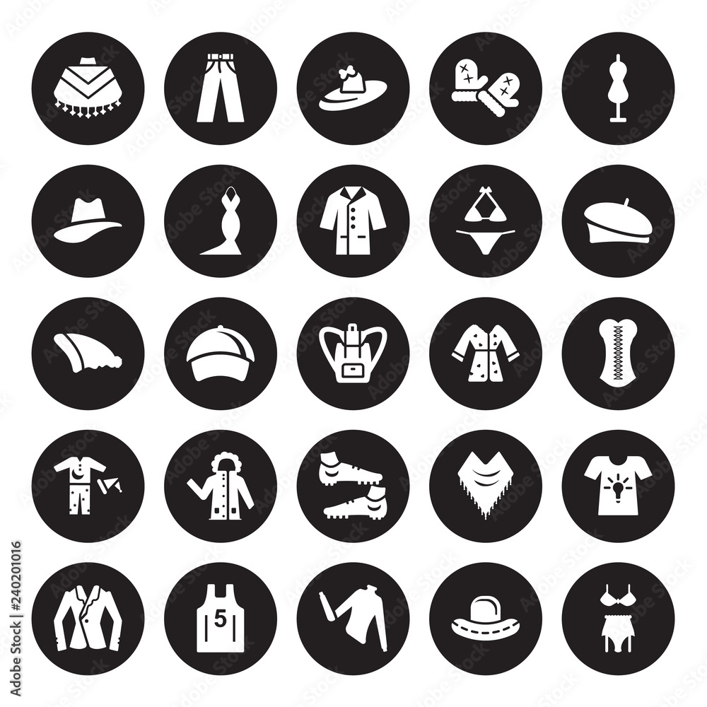 25 vector icon set : Poncho, Bowler hat, Turtleneck, Basketball jersey, Blazer, Beret, Housecoat, Soccer shoe, Pijama, Hat, Pamela, Pants isolated on black background. 25 vector icon set : Poncho, Bowler hat, Turtleneck, Basketball jersey, Blazer, Beret, Housecoat, Soccer shoe, Pijama, Hat, Pamela, Pants isolated on black background.