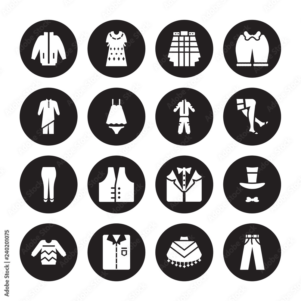 16 vector icon set : windbreaker, Poncho, Shirt, Sweater, Top hat, Pants, Kurta, briefs, tracksuit isolated on black background 16 vector icon set : windbreaker, Poncho, Shirt, Sweater, Top hat, Pants, Kurta, briefs, tracksuit isolated on black background