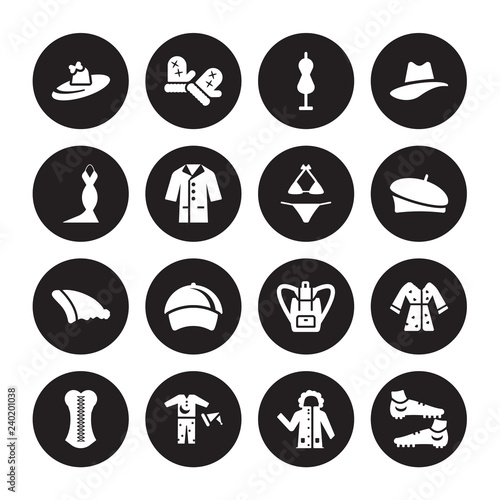 16 vector icon set : Pamela, Parka, Pijama, Corset, Housecoat, Soccer shoe, Dress, Beanie, Bikini isolated on black background