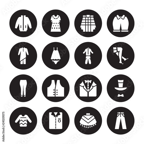 16 vector icon set : windbreaker, Poncho, Shirt, Sweater, Top hat, Pants, Kurta, briefs, tracksuit isolated on black background