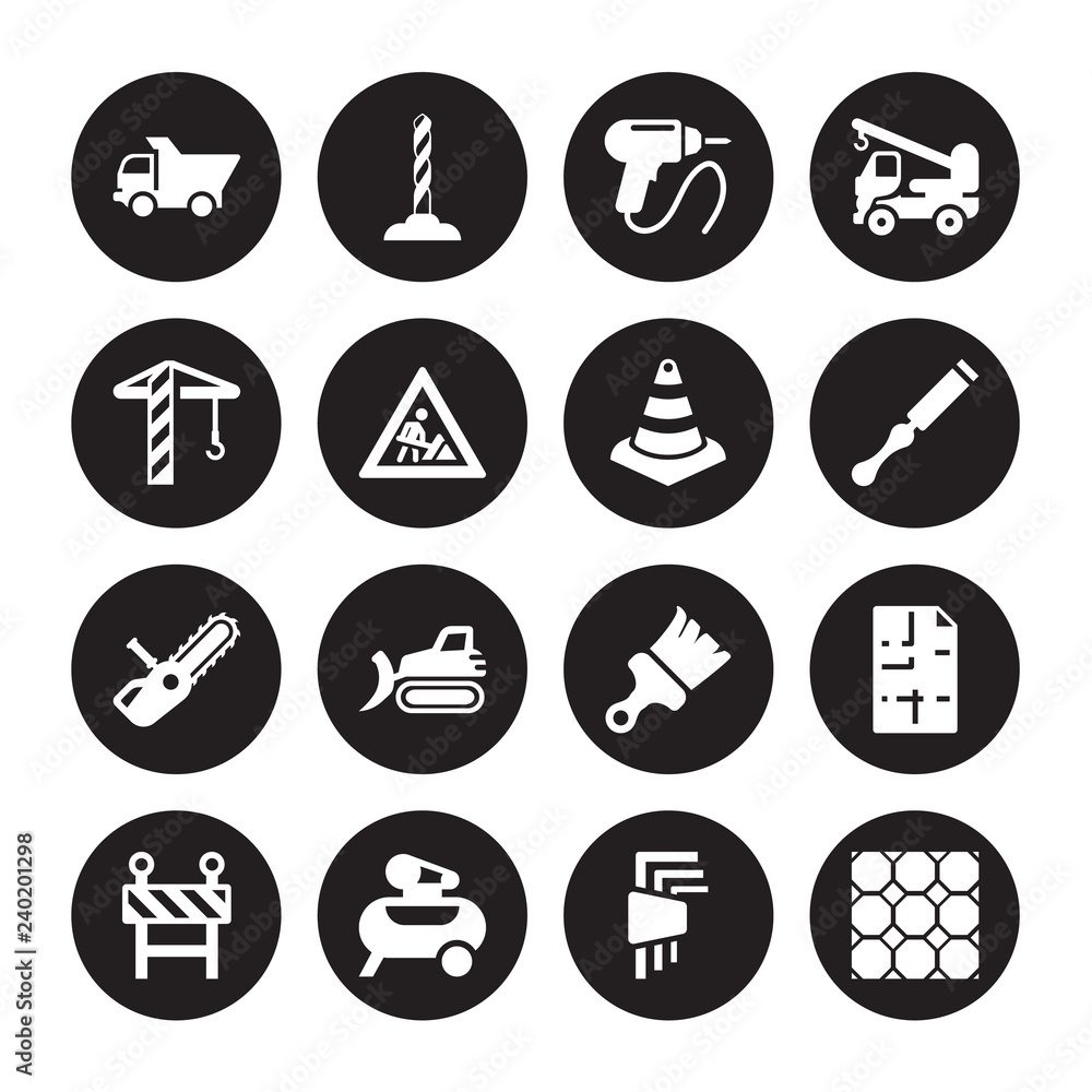16 vector icon set : Dump truck, Hex key, Air compressor, Barrier, print, Paver, Crane, Chainsaw, Cone isolated on black background 16 vector icon set : Dump truck, Hex key, Air compressor, Barrier, print, Paver, Crane, Chainsaw, Cone isolated on black background