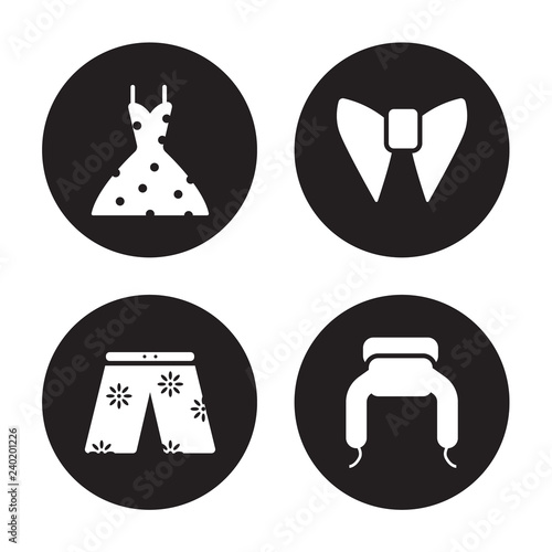 4 vector icon set : vintage dress, swim shorts, butterfly tie, ushanka isolated on black background
