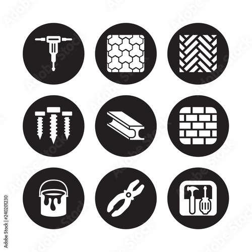 9 vector icon set : Hydraulic breaker, Paving, Paint bucket, Birck Wall, Beam, Parquet, Screws, Plier isolated on black background