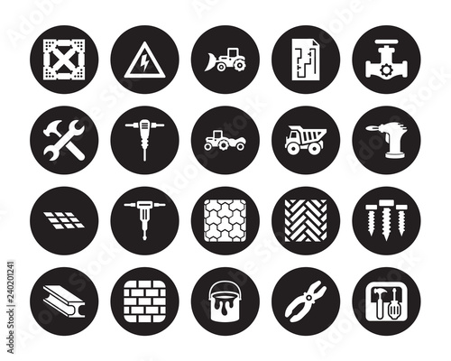 20 vector icon set : Joist, Plier, Paint bucket, Birck Wall, Beam, Gas pipe, Dumper, Paving, Tiles, Jackhammer, Loader isolated on black background