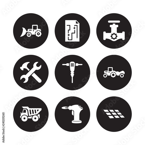 9 vector icon set : Loader, Construction plan, Dumper, Scraper, Jackhammer, Gas pipe, Spanner, blowtorch isolated on black background