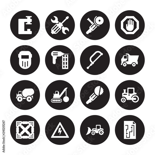 16 vector icon set : Vise, Loader, High voltage, Joist, Steamroller, Construction plan, Welding, Concrete, Hacksaw isolated on black background