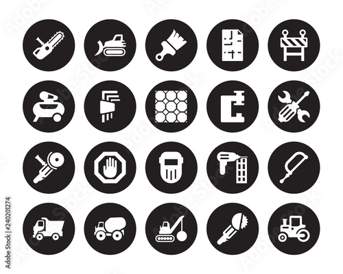 20 vector icon set : Chainsaw, Circular saw, Demolition, Concrete, Tipper, Barrier, Vise, Welding, Angle grinder, Hex key, Brush isolated on black background