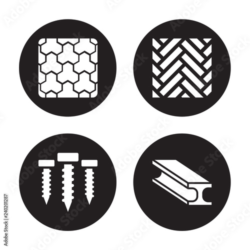 4 vector icon set : Paving, Screws, Parquet, Beam isolated on black background