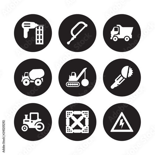 9 vector icon set : Nail gun, Hacksaw, Steamroller, Circular saw, Demolition, Tipper, Concrete, Joist isolated on black background