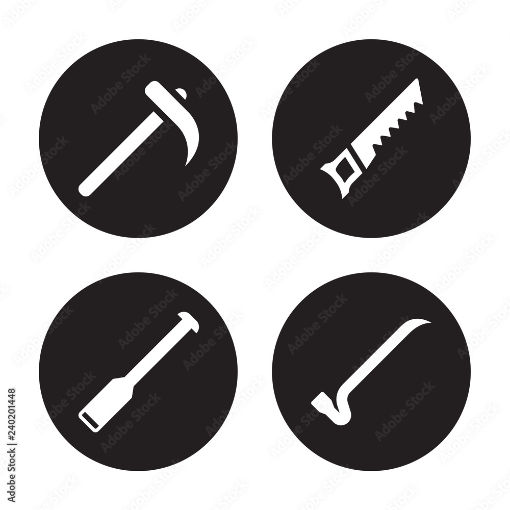 4 vector icon set : Hoe, Digging bar, Hand saw, Crowbar isolated on black background 4 vector icon set : Hoe, Digging bar, Hand saw, Crowbar isolated on black background