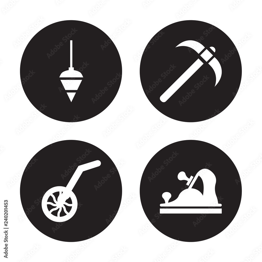 4 vector icon set : Plumb bob, Measuring wheel, Pick axe, Jack plane isolated on black background 4 vector icon set : Plumb bob, Measuring wheel, Pick axe, Jack plane isolated on black background