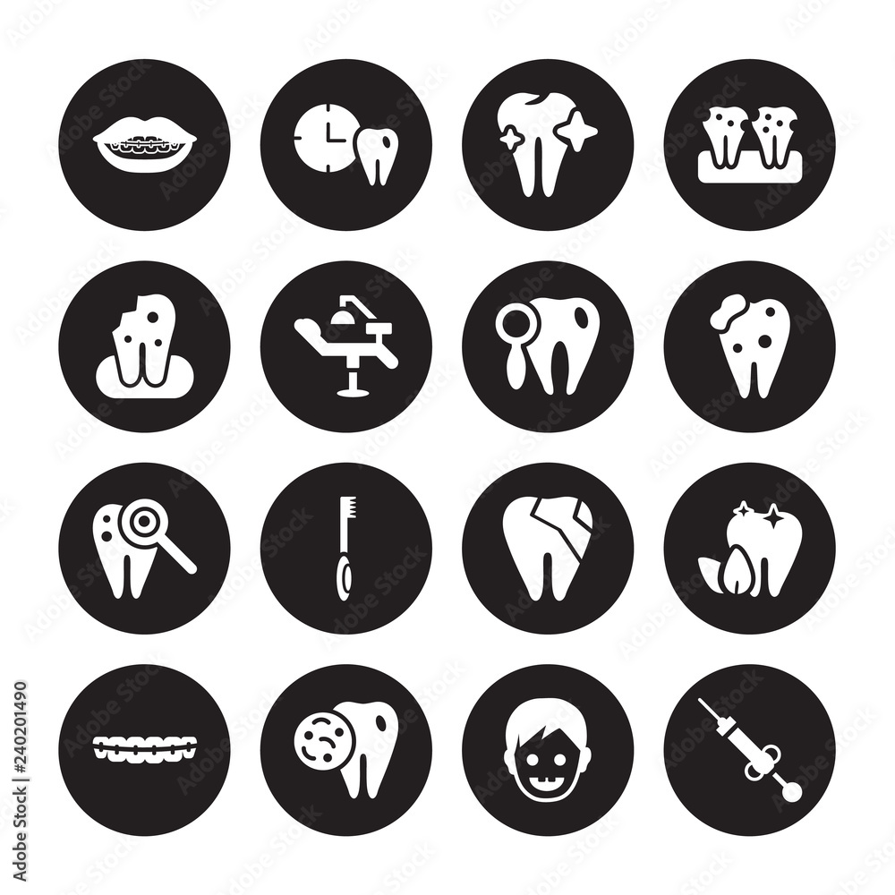 16 vector icon set : Dental Brackets, Baby dental, Bacteria in mouth, Braces, Breath, Anesthesia, Damaged tooth, Caries, Check up isolated on black background