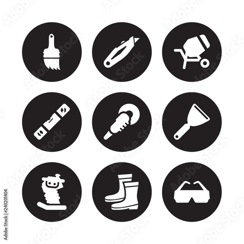 9 vector icon set : builder Brush, Retractable trimming knife, Rammer, Putty Polishers, cement mixers, Plumb rule tool, Rubber Boots isolated on black background