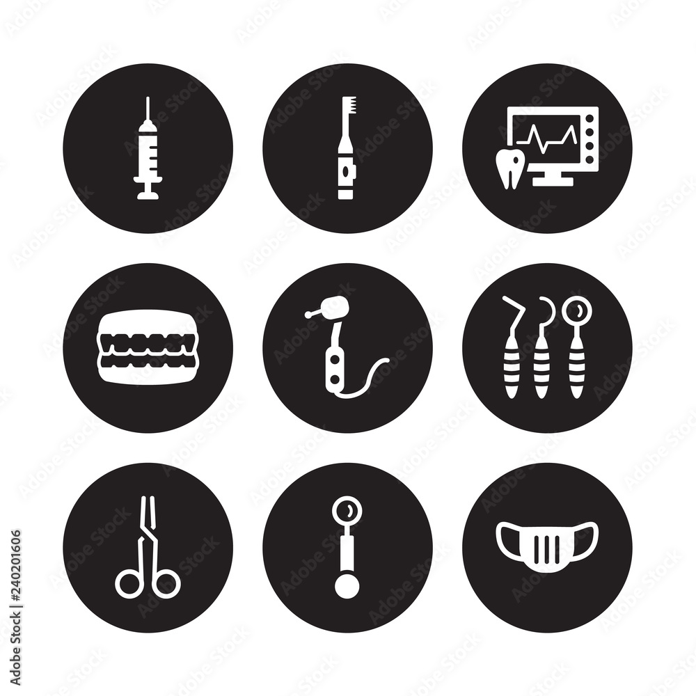 9 vector icon set : Empty syringe, Electric toothbrush, dentist Scissors, Dentist tools, Dentists drill tool, Ekg monitor, Denture, Mirror isolated on black background 9 vector icon set : Empty syringe, Electric toothbrush, dentist Scissors, Dentist tools, Dentists drill tool, Ekg monitor, Denture, Mirror isolated on black background