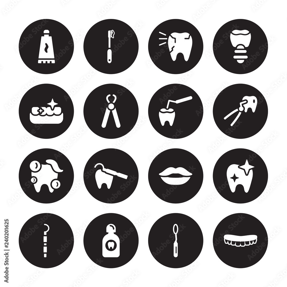 16 vector icon set : Toothpaste, Mouth Mirror, Wash, Periodontal scaler, Shiny Tooth, Mouth, Tooth whitening, cleaning, filling isolated on black background 16 vector icon set : Toothpaste, Mouth Mirror, Wash, Periodontal scaler, Shiny Tooth, Mouth, Tooth whitening, cleaning, filling isolated on black background
