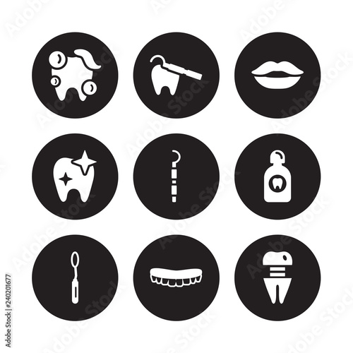 9 vector icon set : Tooth cleaning, Teeth, Mouth Mirror, Wash, Periodontal scaler, Smiling, Shiny Tooth, isolated on black background