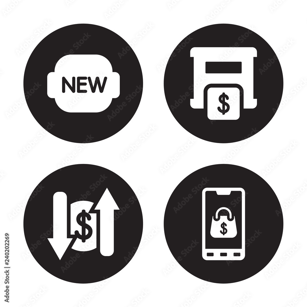 4 vector icon set : New, Money transfer, Moneybox, Mobile shopping isolated on black background 4 vector icon set : New, Money transfer, Moneybox, Mobile shopping isolated on black background