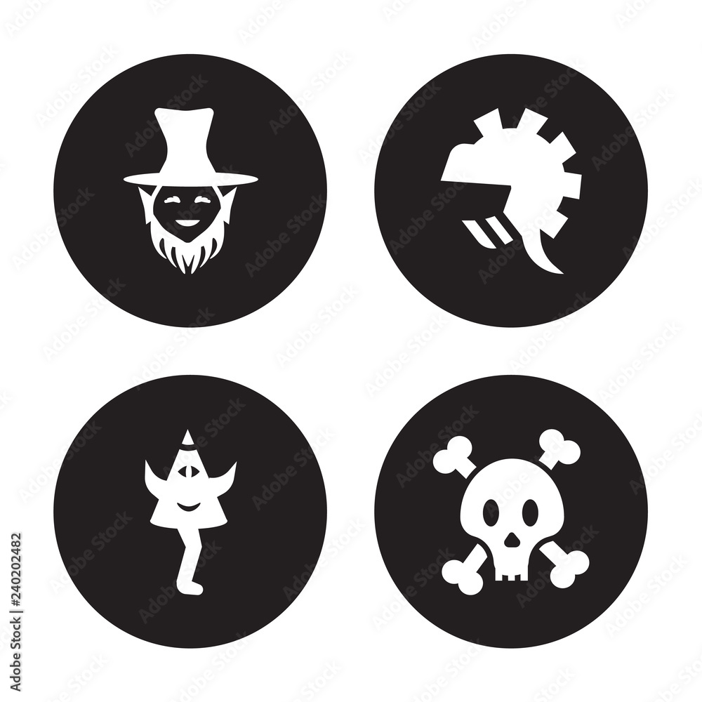 4 vector icon set : Leprechaun, Karakasakozou, Knight, Jolly roger isolated on black background