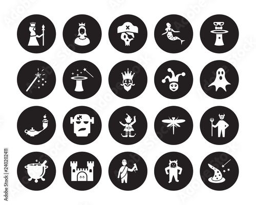 20 vector icon set : Queen, Yeti, Zeus, Castle, Cauldron, Magician, Joker, Elf, Genie, Magic, Pirate isolated on black background