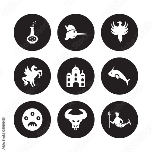 9 vector icon set : Potion, Pinocchio, Monster, Narwhal, Palace, Phoenix, Pegasus, Minotaur isolated on black background