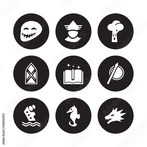 9 vector icon set : Troll, Thor, Shipwreck, Spear, Spellbook, Talking tree, Stained glass, Seahorses isolated on black background