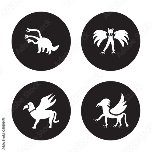 4 vector icon set : Hydra, Gryphon, Harpy, Griffin isolated on black background
