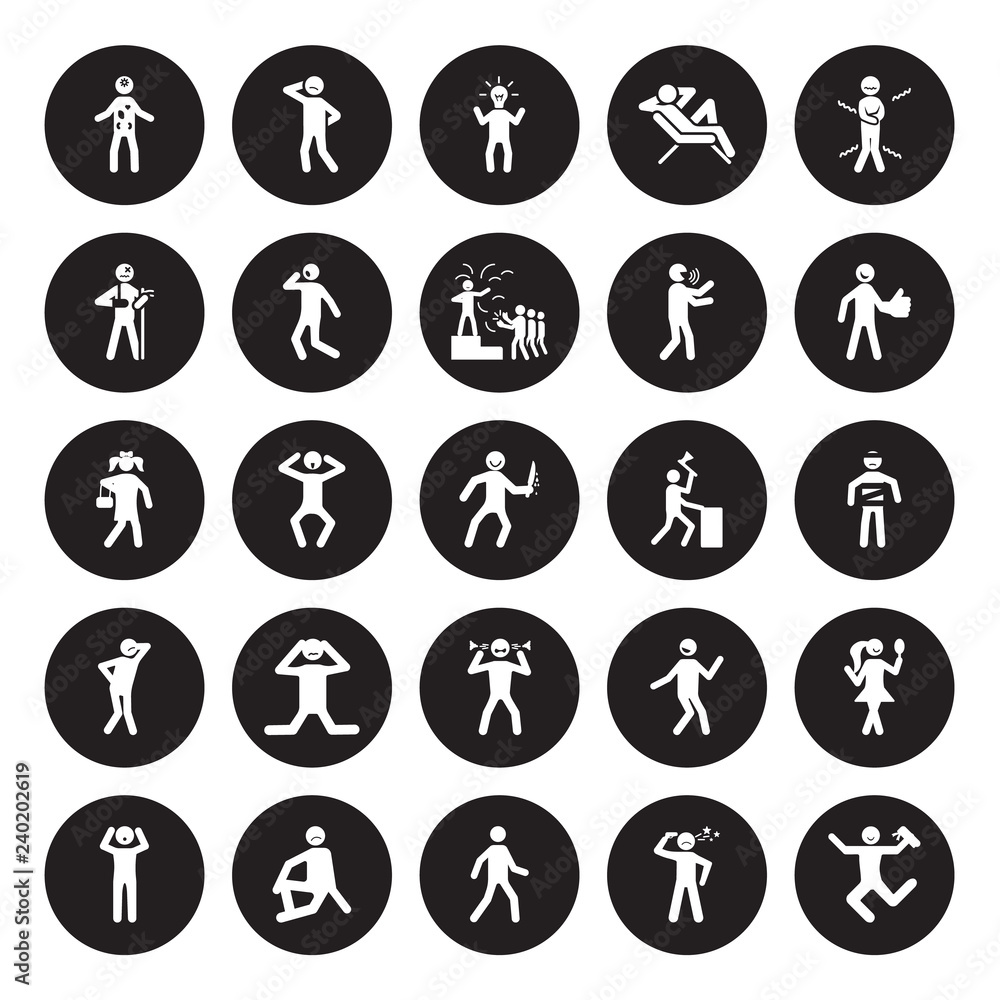 25 vector icon set : confused human, aggravated alive alone amazed better awesome angry anxious broken human isolated on black background. 25 vector icon set : confused human, aggravated alive alone amazed better awesome angry anxious broken human isolated on black background.