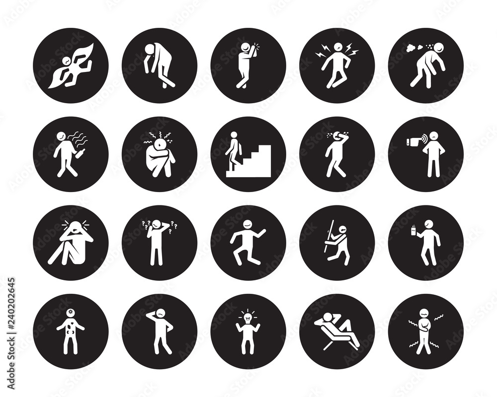 20 vector icon set : excited human, cold comfortable confident confused drunk determined crappy curious down human isolated on black background 20 vector icon set : excited human, cold comfortable confident confused drunk determined crappy curious down human isolated on black background