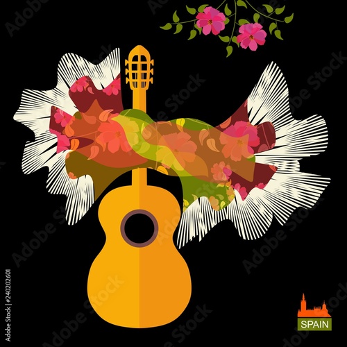 Guitar silhouette and Spanish shawl in the form of flying bird as flamenco symbols isolated on black background in vector.