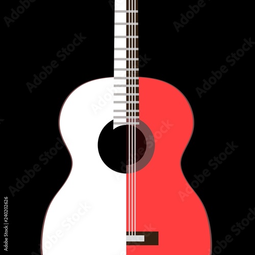 Stylized image of Spanish guitar isolated on black background in vector.