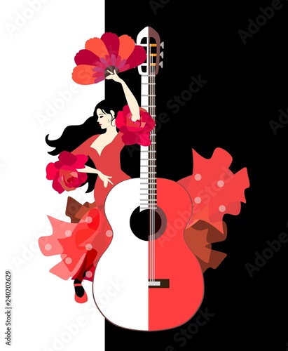 Beautiful Spanish girl dressed in long red dress with ruffles in form of roses and with fan in her hands dancing flamenco next to large stylized guitar on black and white background in vector.