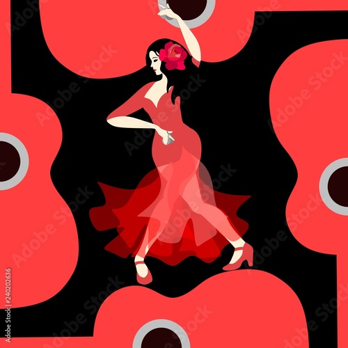 Beautiful Spanish girl dressed in long red dress, with rose flower in her hair and with castanets in her hands, dancing flamenco on stylized red guitar on black background in vector.