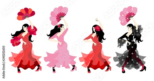 Spanish girls in colorful long dresses with castanets and fans dancing flamenco in their hands isolated on white background in vector. Great collection.