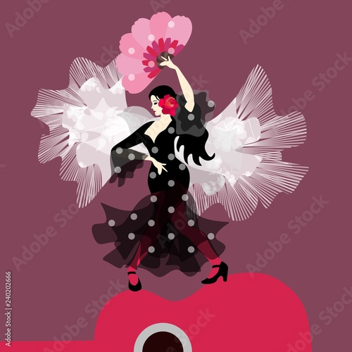 Spanish girl dressed in long black polka-dot dress with flower in her hair and fan in her hands, with white shawl with tassels in shape of wings, dancing flamenco on  stylized guitar.
