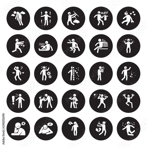 25 vector icon set : miserable human, guilty happy heartbroken helpless irritated impatient horrible hungry human isolated on black background.