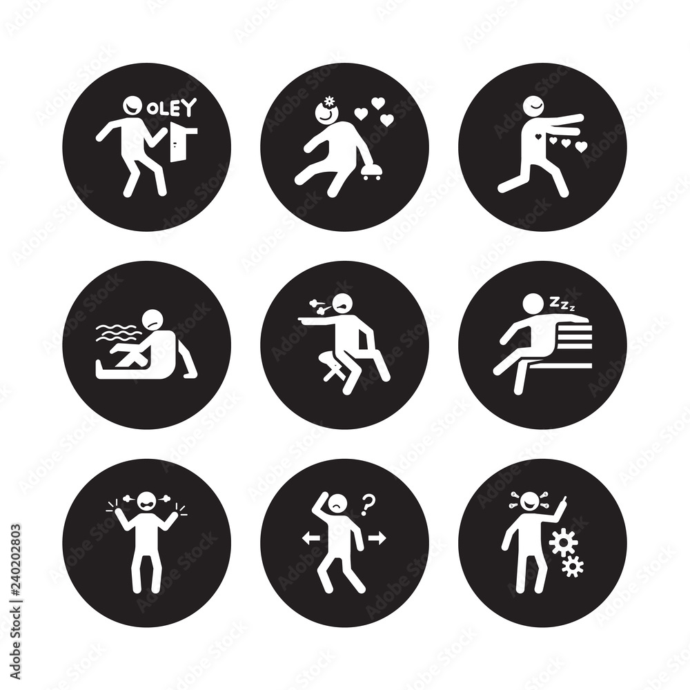 9 vector icon set : lucky human, lovely irritated lazy lonely loved lost inspi human isolated on black background 9 vector icon set : lucky human, lovely irritated lazy lonely loved lost inspi human isolated on black background