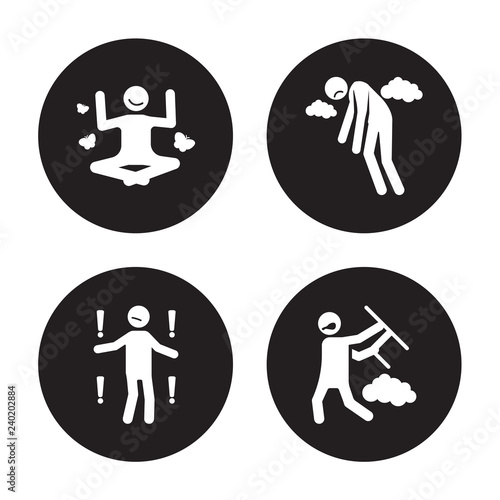 4 vector icon set : motivated human, meh miserable mad human isolated on black background