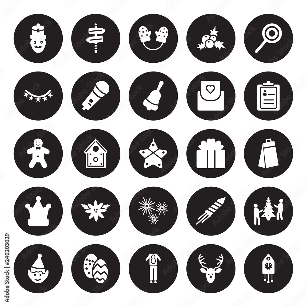 25 vector icon set : Nutcracker, Deer, Deer Costume, Easter egg, Elf costume, Guest list, Gift box, Firework, Fun hat, Lights, Mitten, North pole isolated on black background. 25 vector icon set : Nutcracker, Deer, Deer Costume, Easter egg, Elf costume, Guest list, Gift box, Firework, Fun hat, Lights, Mitten, North pole isolated on black background.