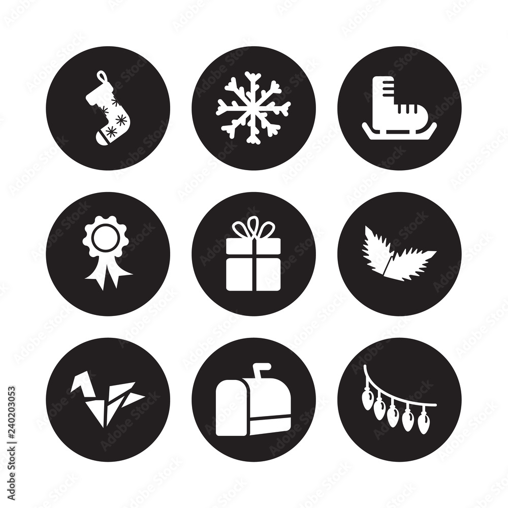 9 vector icon set : christmas sock, Christmas snowflake, Origami, Peppermint, present, shoe, ribbon, mail box isolated on black background 9 vector icon set : christmas sock, Christmas snowflake, Origami, Peppermint, present, shoe, ribbon, mail box isolated on black background