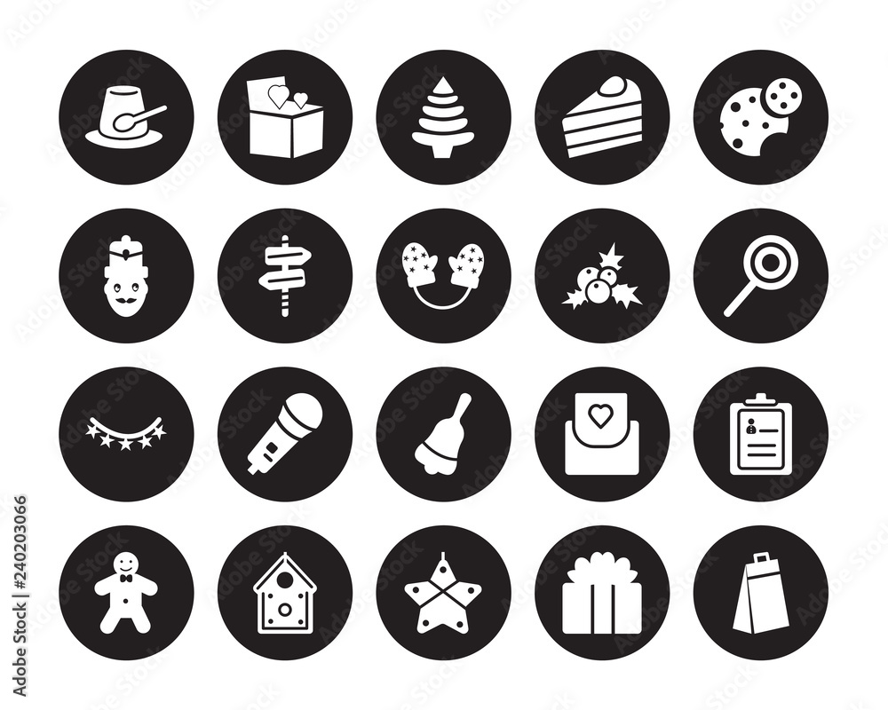 20 vector icon set : Pudding, Gift box, Gingerbread, Gingerbread house, man, Oat Cookie, mistletoe, Jingle bell, Lights, North pole, Pine cone isolated on black background