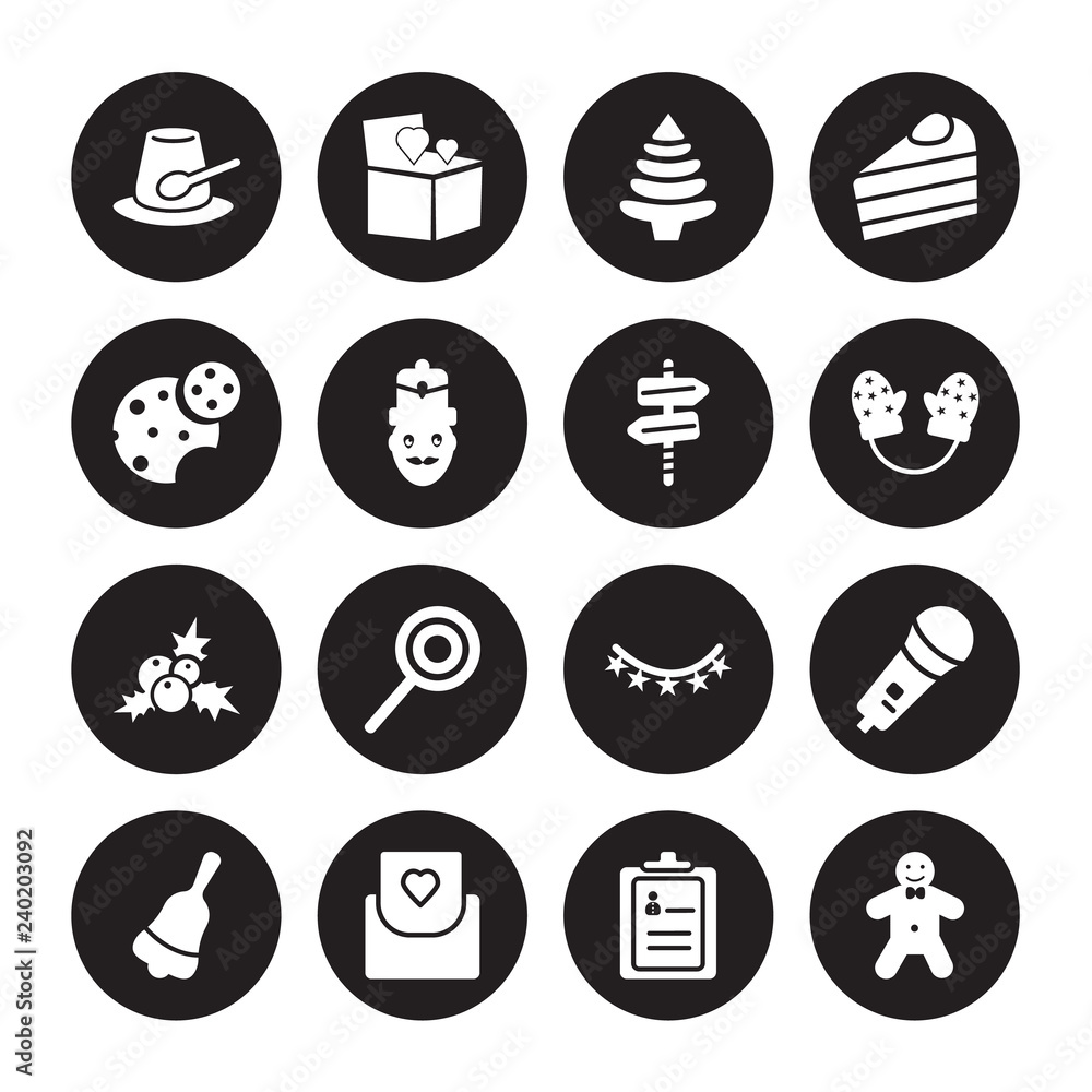 16 vector icon set : Pudding, Guest list, Invitation, Jingle bell, Karaoke, Gingerbread man, Oat Cookie, mistletoe, North pole isolated on black background