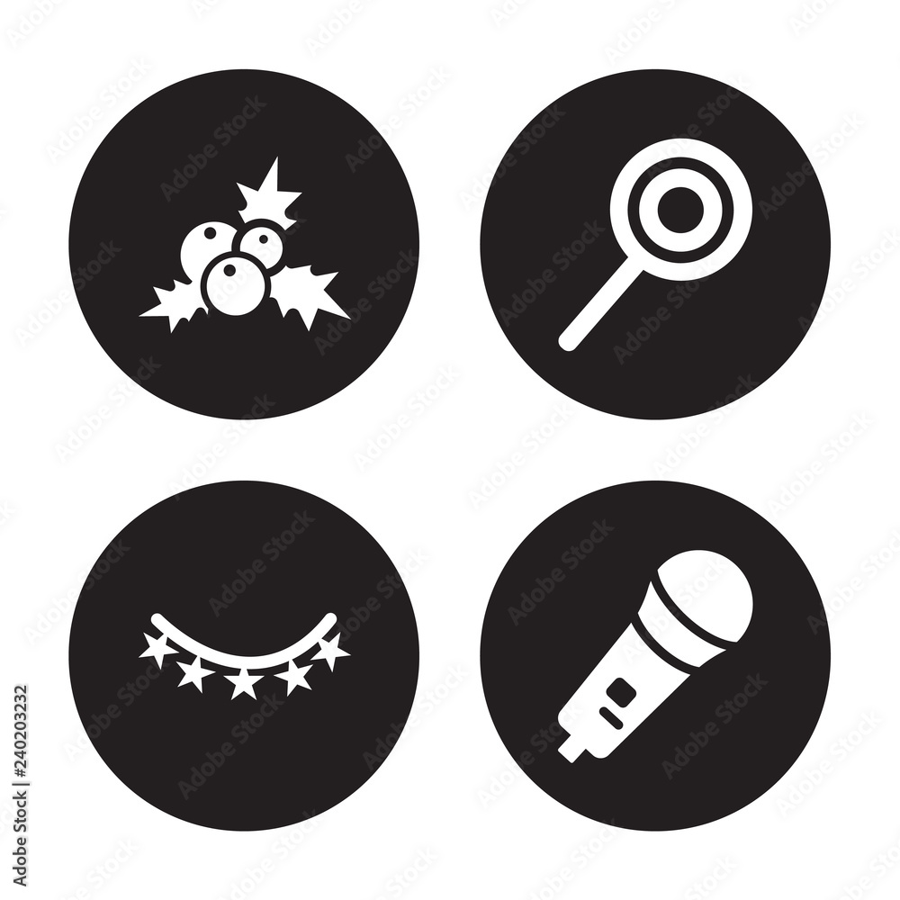 4 vector icon set : mistletoe, Lights, Lollipop, Karaoke isolated on black background 4 vector icon set : mistletoe, Lights, Lollipop, Karaoke isolated on black background