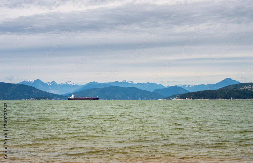 Tanker ship anchored at entrance to Burrard Inlet, Vancouver, Br Tanker ship anchored at entrance to Burrard Inlet, Vancouver, Br