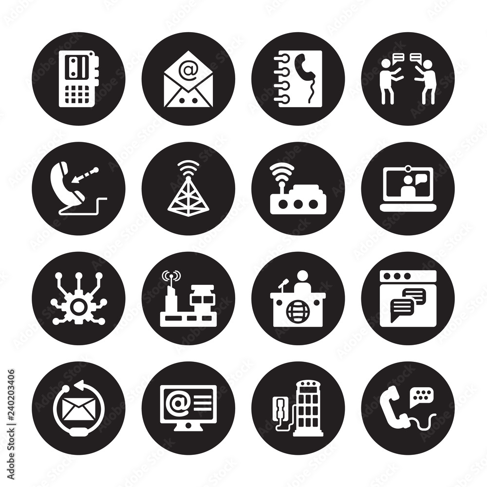 16 vector icon set : Voice recorder, Phone booth, Arroba, Reply, Text lines, Call, Incoming call, Connection, Wifi isolated on black background