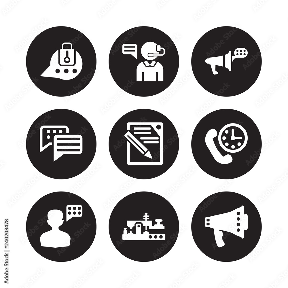 9 vector icon set : Chat, Call center, Speaking, Time call, Write, Announcement, Chat bubble, Morse code isolated on black background 9 vector icon set : Chat, Call center, Speaking, Time call, Write, Announcement, Chat bubble, Morse code isolated on black background