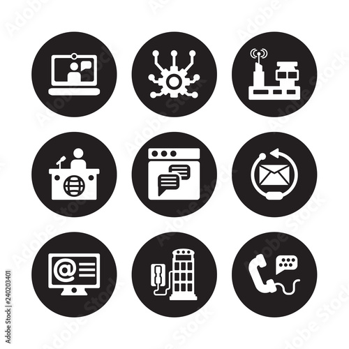 9 vector icon set : Video chat, Connection, Arroba, Reply, Text lines, Radio antenna, News reporter, Phone booth isolated on black background